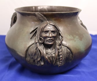 George H Walbye Large Bronze Bowl with Three Native American Decorations 12/40 1986