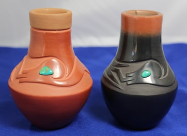 2 Pieces of Dora of San Ildefonso Pottery with Turquoise Cabachons