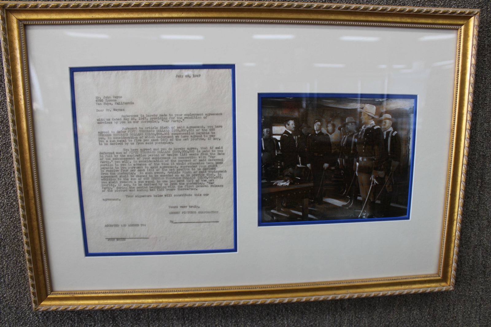 John Wayne Signed Agreement with Argosy Pictures Corp. Fort Apache: John Wayne Signed Agreement with Argosy Pictures Corp. Fort Apache. This is a carbon typescript signed in ink dated July 29th 1947. Wayne's agreement with Argosy Pictures Corp. granting him a share of