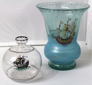 2 Pairpoint Tavern Ware Glass Pieces Vase with the Nina, Pinta & Santa Maria and a Tall Ship Vase