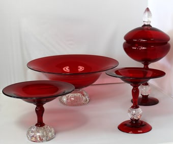 4 Pieces of Red Pairpoint Controlled Bubble Glass