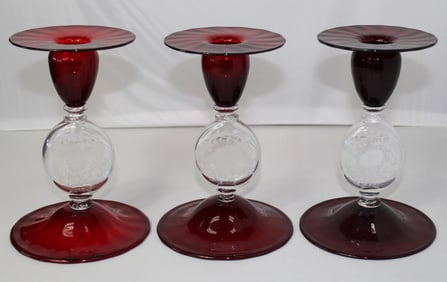 3 Steuben Etched Bubble Candlesticks in Red