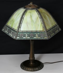 6 Panel Green Handel Table Lamp with Metal Overlay