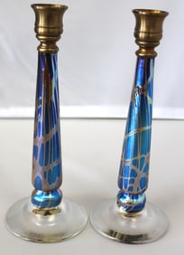 Stuart Abelman Hand Blown Art Glass Iridescent Pair of Candlesticks
