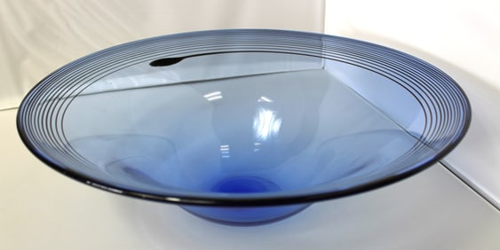 Peter Vanderlaan Art Glass Large Blue Bowl with Spiral 