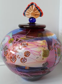 Wes Hunting Art Glass Lidded Jar