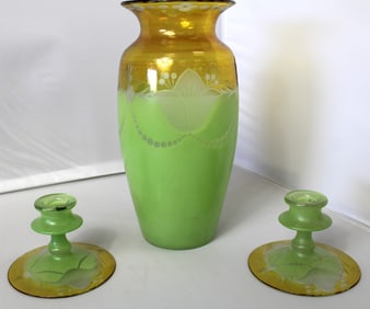 Westmoreland Green Yellow Etched Vase and Matching Candlesticks