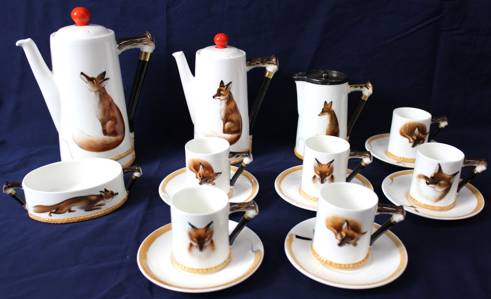 Reynard the Fox by Royal Doulton Complete Coffee Service Set: Reynard the Fox by Royal Doulton Complete Coffee service set. This is a complete coffee service set with cups and saucers that are signed H4927 and what appears to say JR. The set consists of 6 cups w