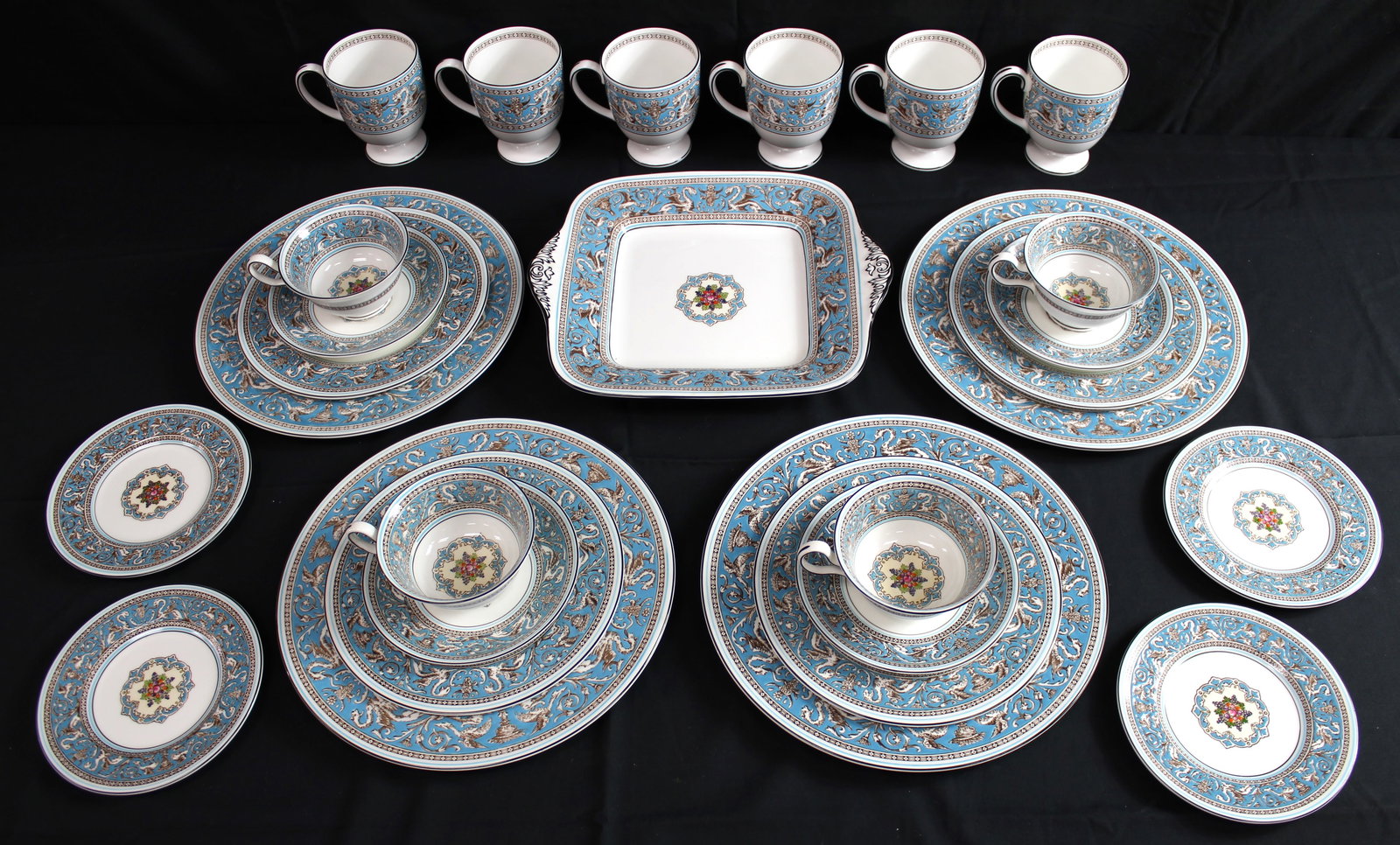 Wedgwood Florentine W2714 Dinner & Tea Service: Wedgwood Florentine W2714 dinner and tea service. 27 piece set consisting of 1 Tray, 4 teacups with 4 saucers with lip, 6 cups, 4 bread and butter plates, 4 salad plates, and 4 dinner plates. The meas