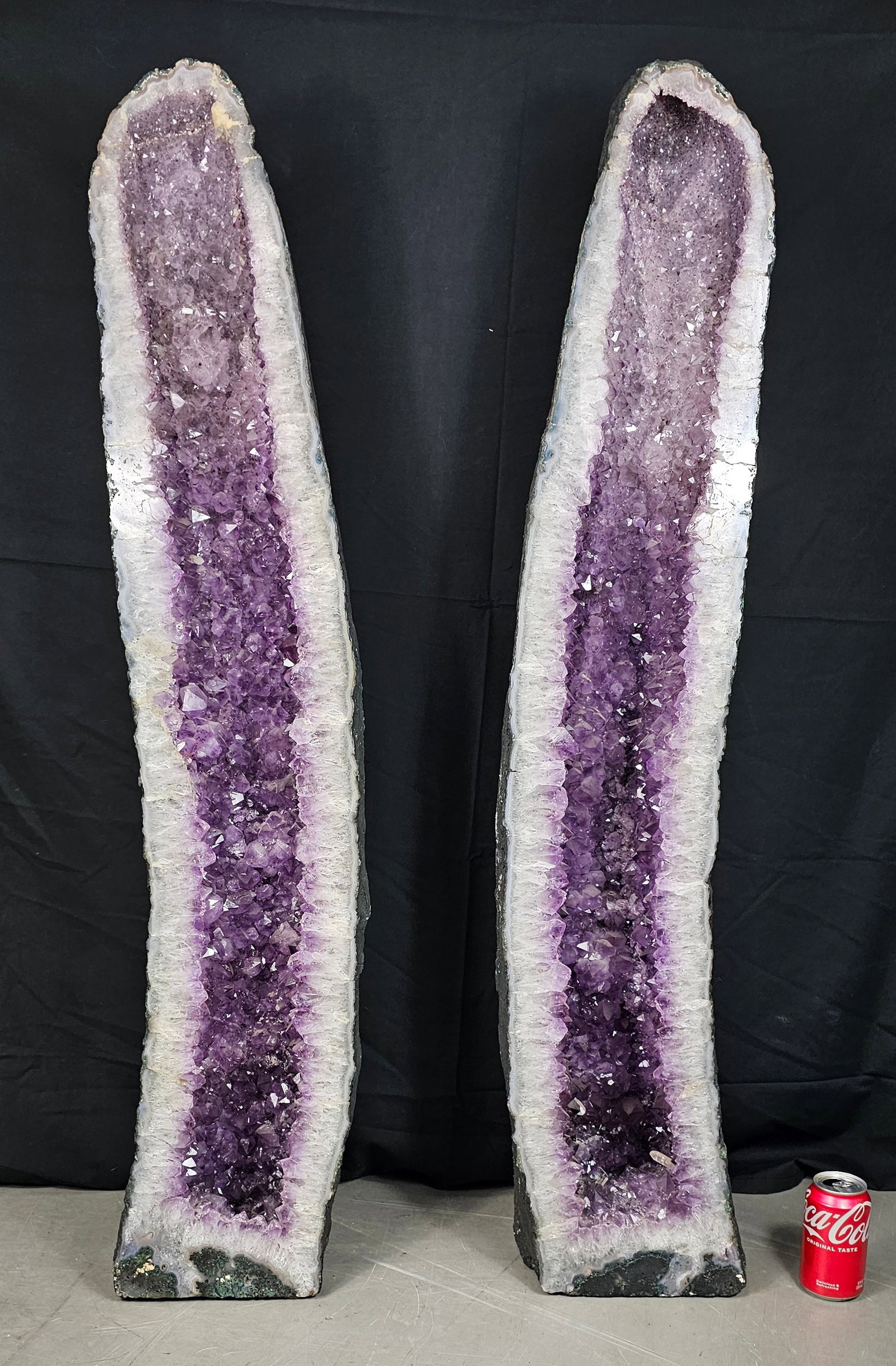 45" Tall Amethyst Crystal Cathedral Geode Matched Specimens: 45" Tall Amethyst Crystal Cathedral Geode Matched Specimens. Beautiful pair of very large purple amethyst cathedrals and both have calcite inclusions. Some likely natural fine hairline cracks on the b