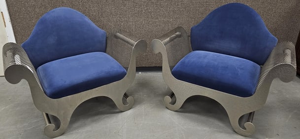 Pair Brushed Metal Blue Upholstered Chairs