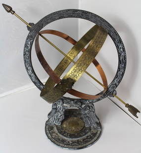 Aris Mundi S.P.I Metal Armillary: Aris Mundi S.P.I Metal Armillary. A very nice mixed metal 3 ring sphere armillary with a copper ring and a brass ring with etching of roman numerals on the inside of the ring and floral dragon motif