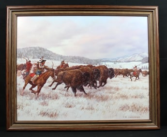 Hubert Wackermann (B. 1945) "Blackfeet Buffalo Hunt" Oil Painting