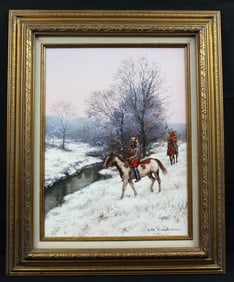 Hubert Wackermann (B. 1945) "Cree Scouting Party" Oil Painting