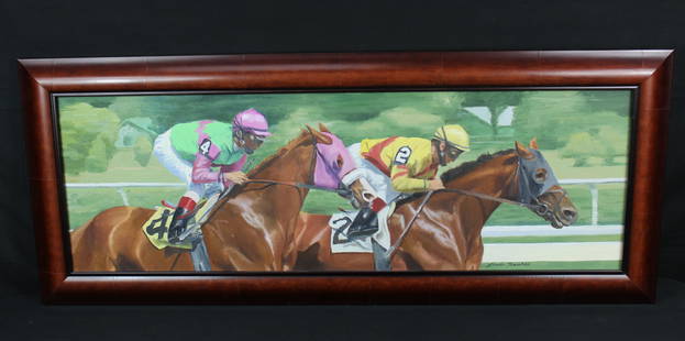 Linda Tenukas Horse Race Oil Painting: Linda Tenukas Horse Race Oil Painting. Beautiful framed and signed painting depicting a horse race with 2 horses and 2 jockeys with vibrant green, pink, yellow, and red colors. The painting is signed