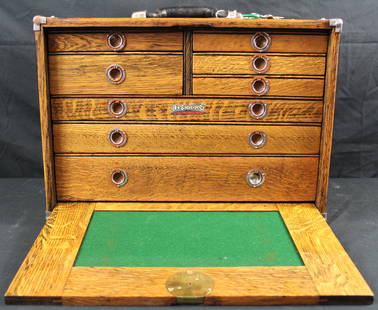 Union D-17 8 Drawer Machinist Tool Chest: Union D-17 8 Drawer Machinist Tool Chest. Restored tool chest from 1926-1928 ostensibly from an Indian Motorcycle Factory. Has ring pull handles and green felt lining with drop down cover with