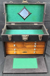 H. Gerstner and Sons Model Y130 7 Drawer Machinist Tool Chest: H. Gerstner and Sons Model Y130 7 Drawer Machinist Tool Chest. Restored leather tool chest from 1926-1942 that has 7 wood drawers with green felt lining along with latched lid with functioning lock