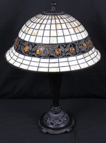 Tiffany Style Stained Glass and Metal Shade Lamp