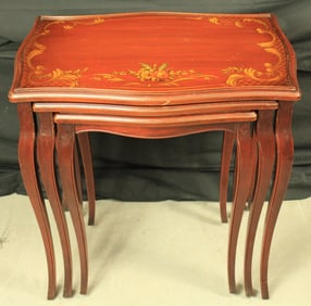 Set of 3 Nesting Tables with Hand Painted Floral Motifs