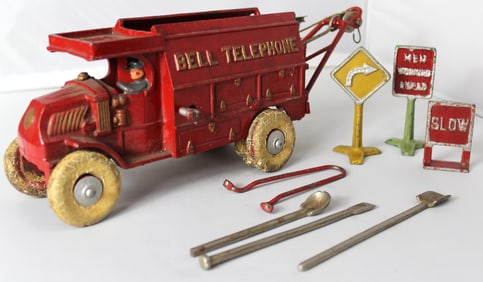 Hubley Bell Telephone Truck Cast Iron Toy with Accessories