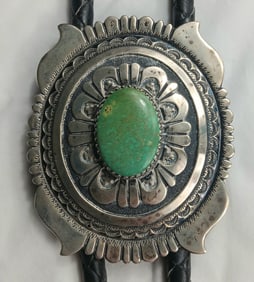 Tommy Singer Sterling Silver Jade Stone Bolo Tie with 3.5" Long Bolo