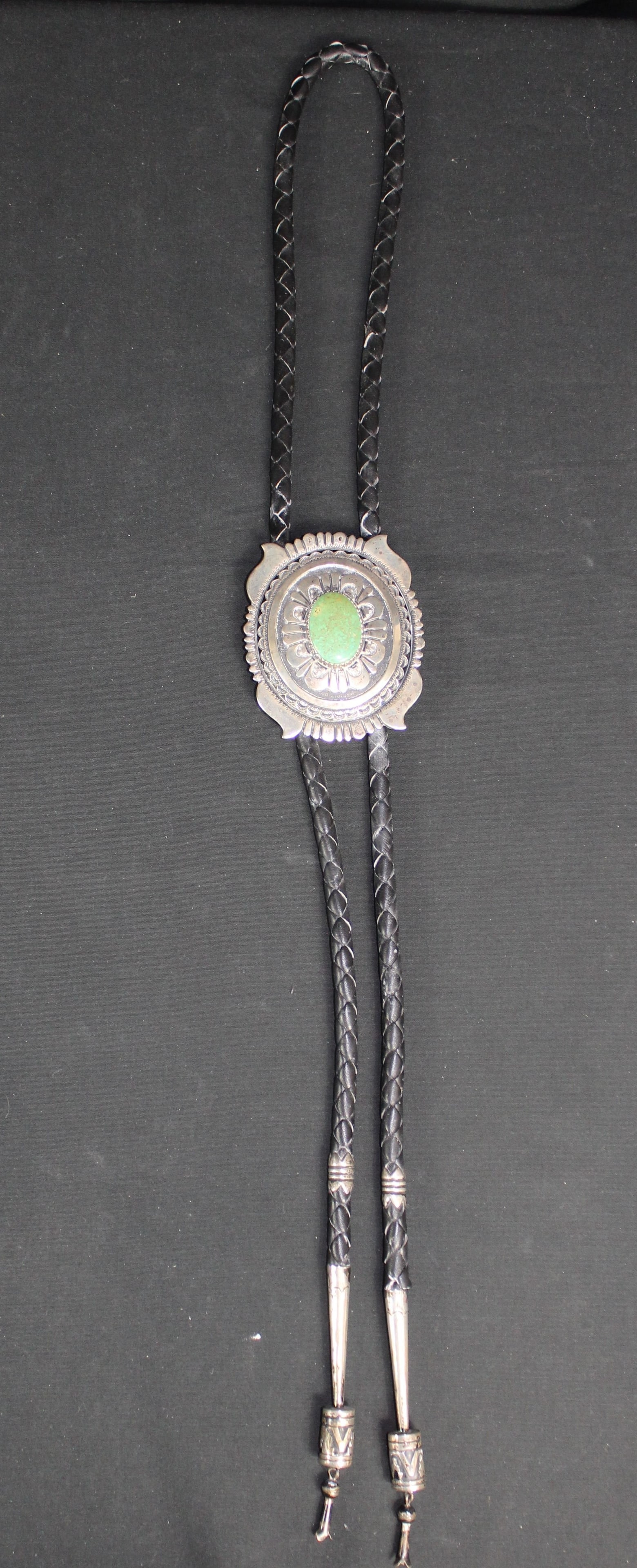 Tommy Singer Sterling Silver Jade Stone Bolo Tie with 3.5" Long Bolo (1 of 6)