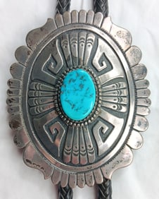 Tommy Singer Sterling Silver Turquoise Stone Bolo Tie with 4.5" Long Bolo
