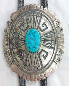 Tommy Singer Sterling Silver Turquoise Stone Bolo Tie with 4.5" Long Bolo