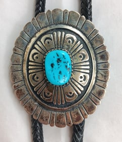 Tommy Singer Sterling Silver Turquoise Stone Bolo Tie with 3.25" Long Bolo