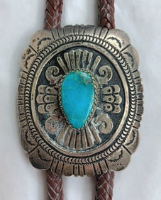 Tommy Singer Sterling Silver and Brown Leather Bolo Tie with 3.25" Long Bolo
