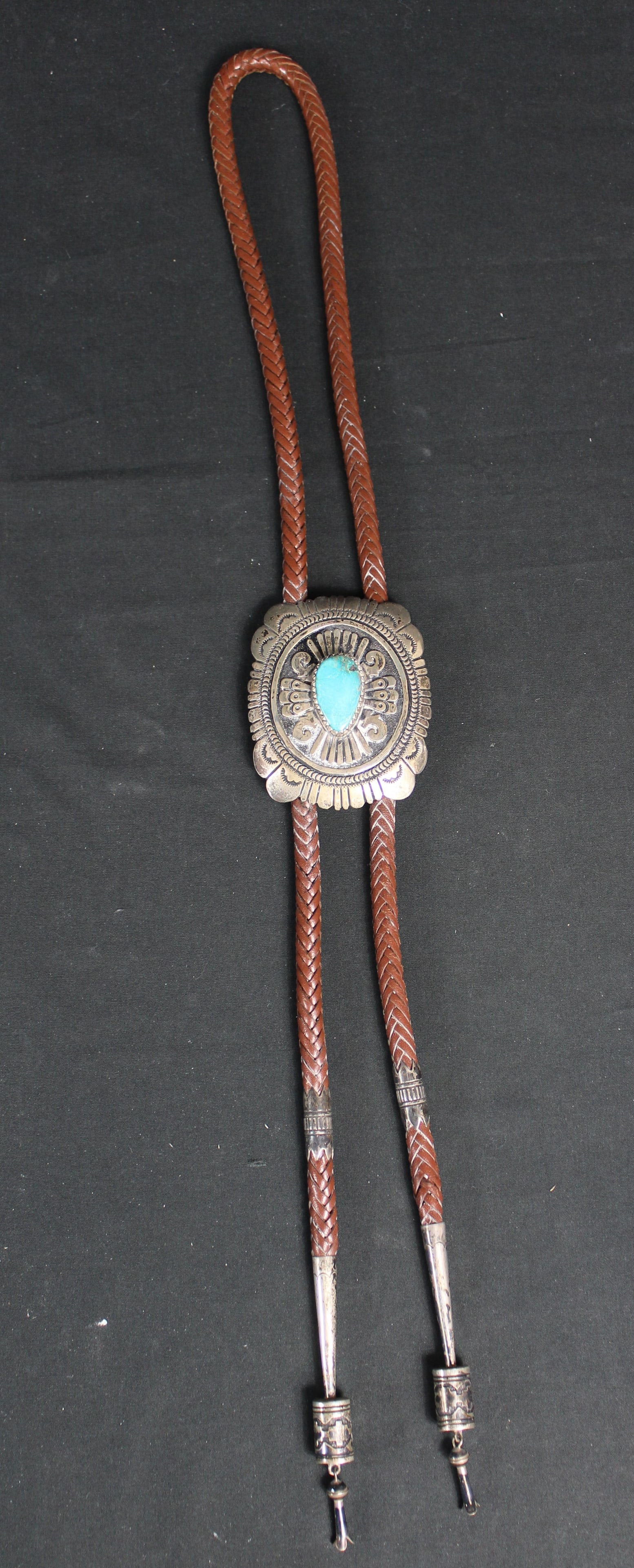 Tommy Singer Sterling Silver and Brown Leather Bolo Tie with 3.25" Long Bolo (1 of 5)