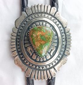 Tommy Singer Sterling Silver Green and Brown Stone Bolo Tie with 3.5" Bolo