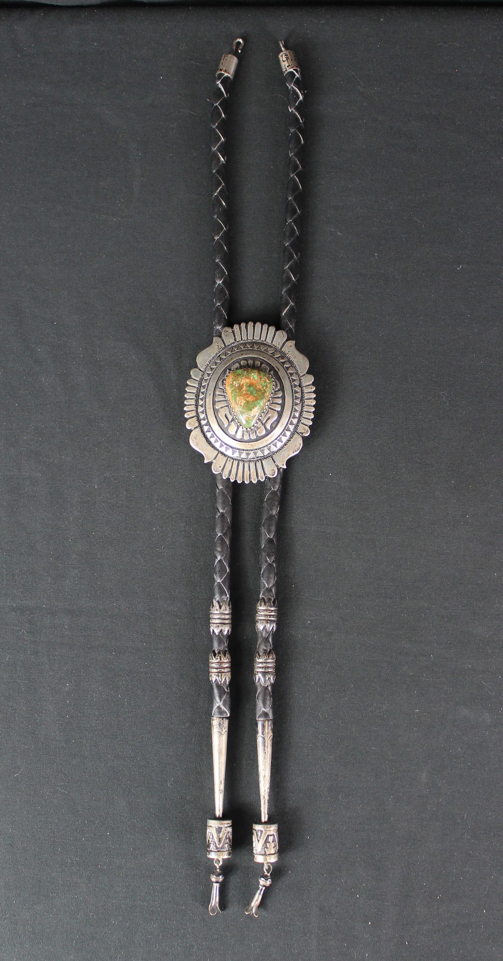 Tommy Singer Sterling Silver Green and Brown Stone Bolo Tie with 3.5" Bolo (1 of 7)