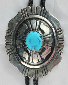 Tommy Singer Sterling Silver Turquoise Stone Bolo Tie with 3" Long Bolo