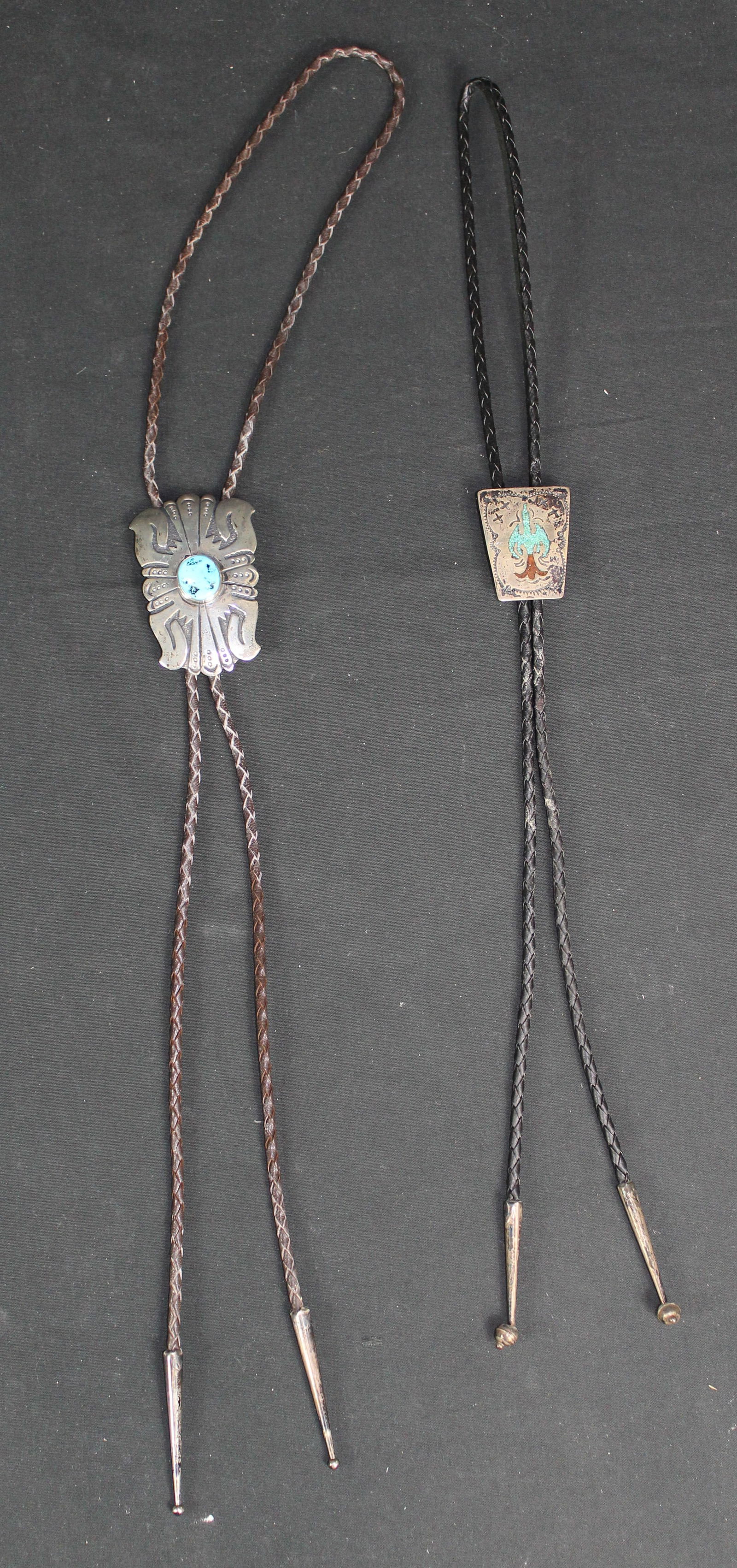 Two Sterling Silver and Turquoise Stone Bolo Ties with 2.5" and 1.5" Long Bolos (1 of 10)
