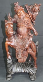 Asian Guandi on Horseback Carved Wood Statue