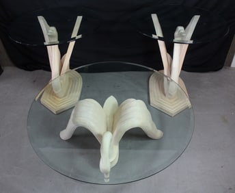 Set of Three Glass Top Swan Coffee Tables and Mirror
