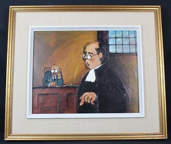 Normand Hudon (1929-1997) "Please Note, Mr. Clerk!" Oil on Masonite Painting