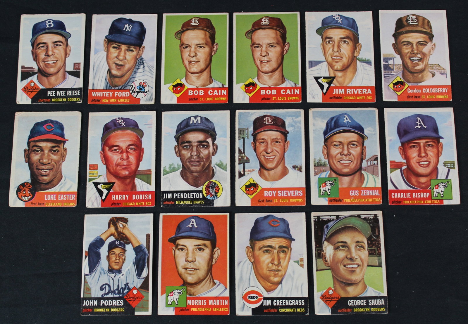 Lot of 16 1953 Topps Baseball Cards Featuring Pee Wee Reese: Lot of 16 1953 Topps Baseball Cards Featuring Pee Wee Reese. This is lot 1 of 3 of 1953 Topps baseball cards and in this lot there are 16 cards. Some stand outs are #76 Pee Wee Reese, #207 Whitey Ford