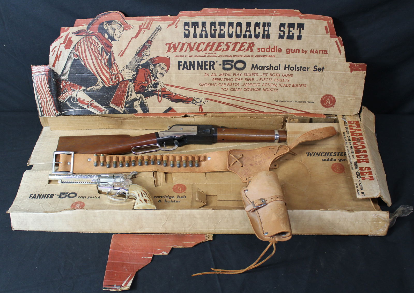 Mattel Winchester Toy Gun Stagecoach Set: Mattel Winchester Toy Gun Stagecoach Set Toy. Very cool cap gun rifle and revolver toy set by Mattel in the original box. The set includes the box, lever action Winchester rifle, Fanner 50 revolver, a