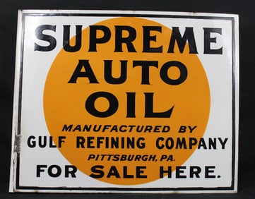 Gulf Supreme Auto Oil Double-Sided Porcelain Flange Sign