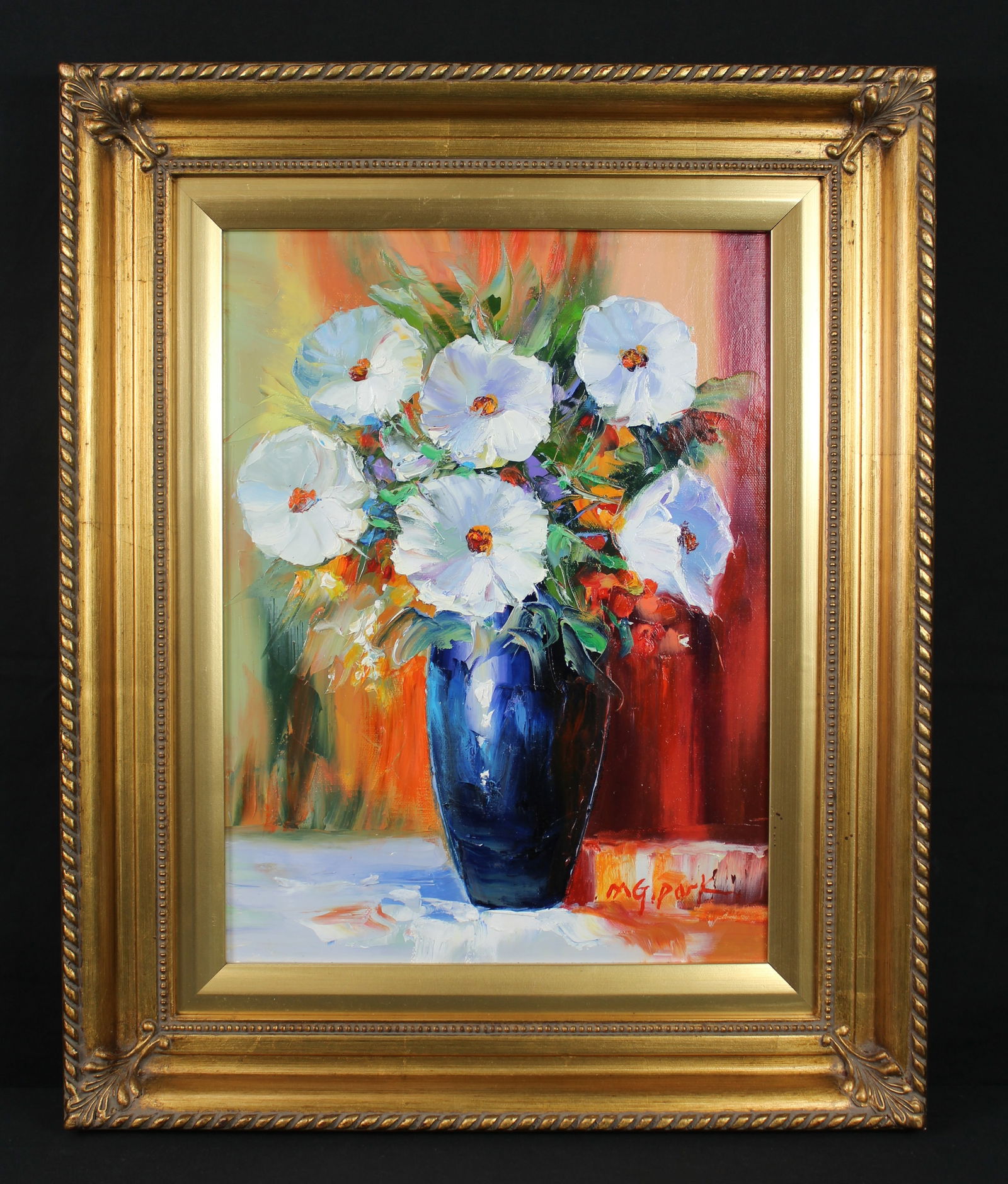 MG Park Flowers in Vase Oil Painting: MG Park Flowers in Vase Oil Painting. Beautifull oil painting of a bunch of white flowers in a blue vase with vibrant green, red, and orange colors. The painting is in a nice gold colored frame. The m