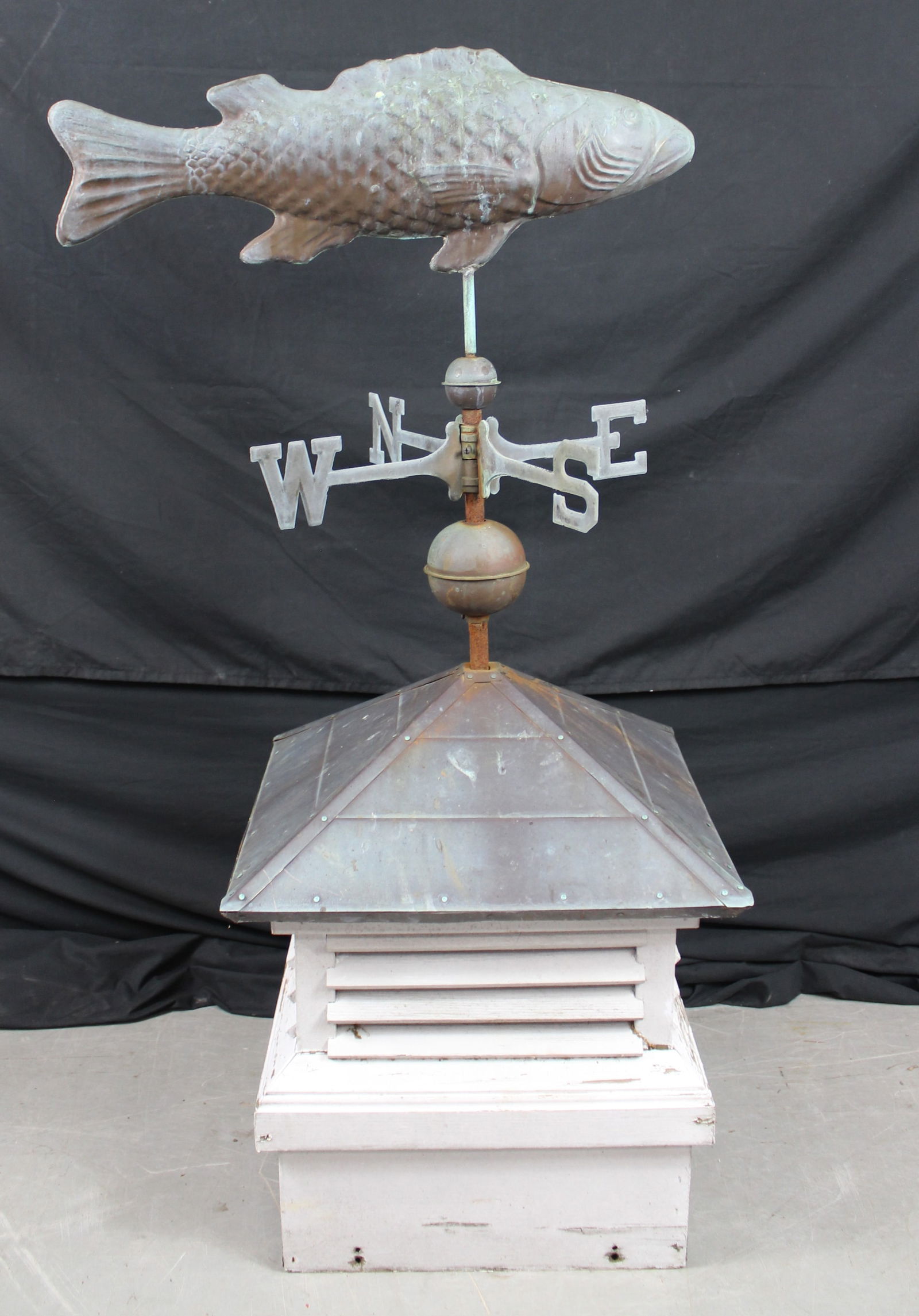 Fish Copper Weathervane with Cupola: Fish Copper Weathervane. Very nice antique copper weathervane with cupola that features a fish on top with the N, S, E, and W section below it. The weathervane consists of three sections: the cupola,