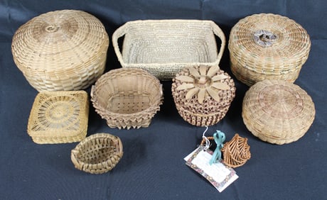 Lot of Nine Baskets Featuring a Passamquoddy Basket