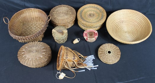 Lot of Nine Baskets Featuring an Apache Burden Basket