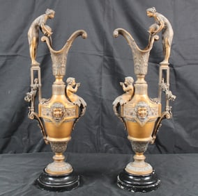Pair of large French Painted Pewter Ewers