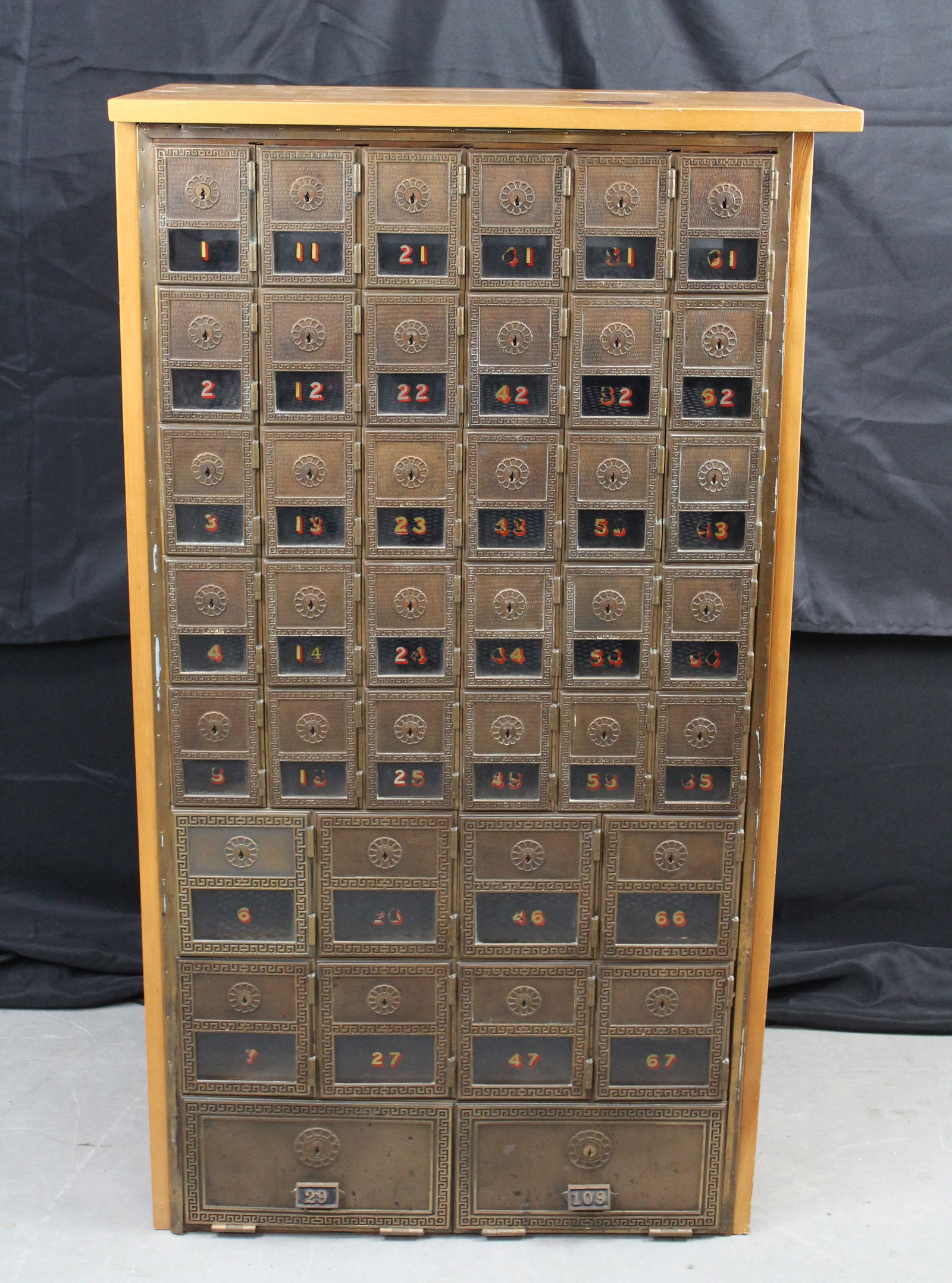 Post Office Cabinet of Mail Lock Boxes: Post Office Cabinet of Mail Lock Boxes. Antique Post office mail cabinet with 41 lock boxes in total all with bronze and glass doors. The glass part of each door is numbered. There are no keys present