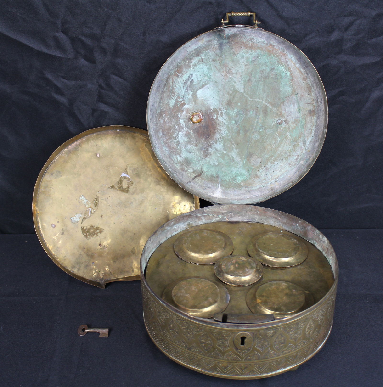 Etched Brass Large Round Spice Box: Etched Brass Large Round Spice Box. Very nice brass spice box with beautiful floral patterns on the outside of the lid and box. Inside the box there is a brass tray along with five brass compartments