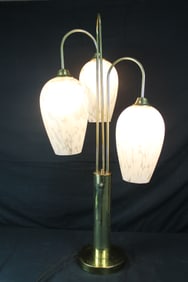 Brass MCM Three-Arm Lamp with Endon Mali Shades