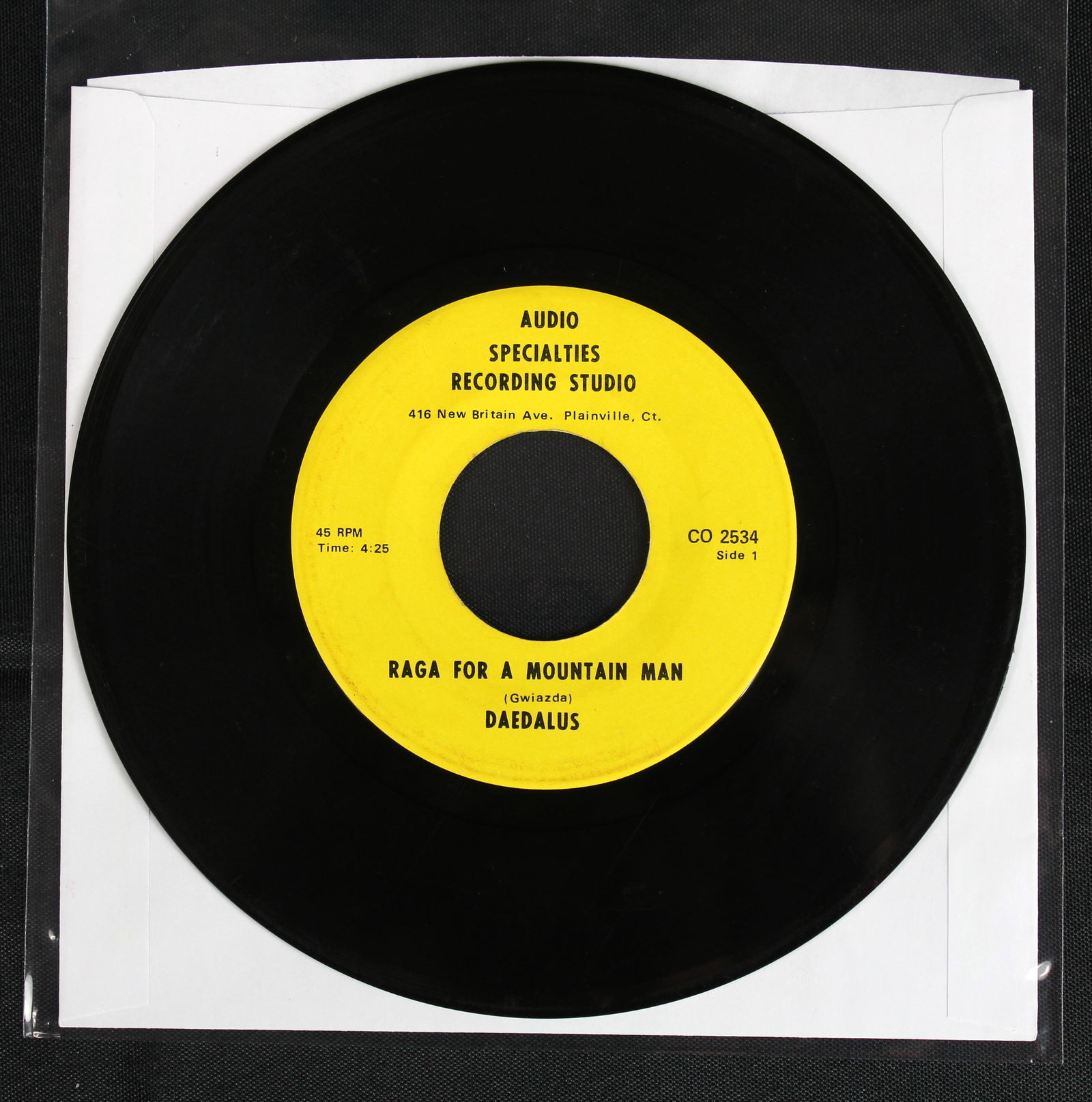 Daedalus "Raga for a Mountain Man" 45rpm Record: Daedalus "Raga for a Mountain Man" 45rpm Record. Very rare psychedelic rock 45 by the group Daedalus on the Audio Specialties Recording Studio label out of Plainville CT. Side 1 is "Raga for a